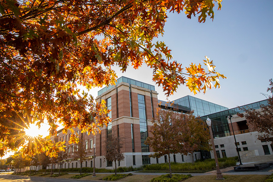 view of the Paul L. Foster Campus for Business and Innovation in the fall