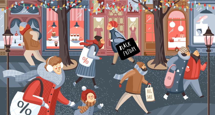 Illustration of shoppers on a retail street wearing winter clothes with bags that say "Black Friday" and "Sale" and "%"