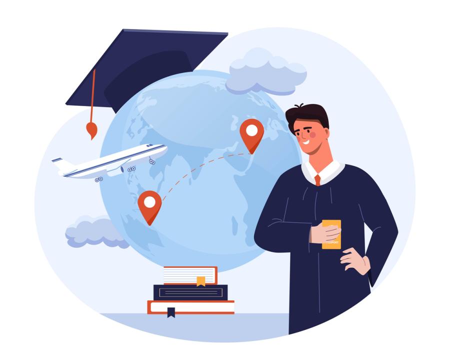 Illustration of man with books, a globe with two map pins and an airplane with clouds; the globe is topped with a graduation cap