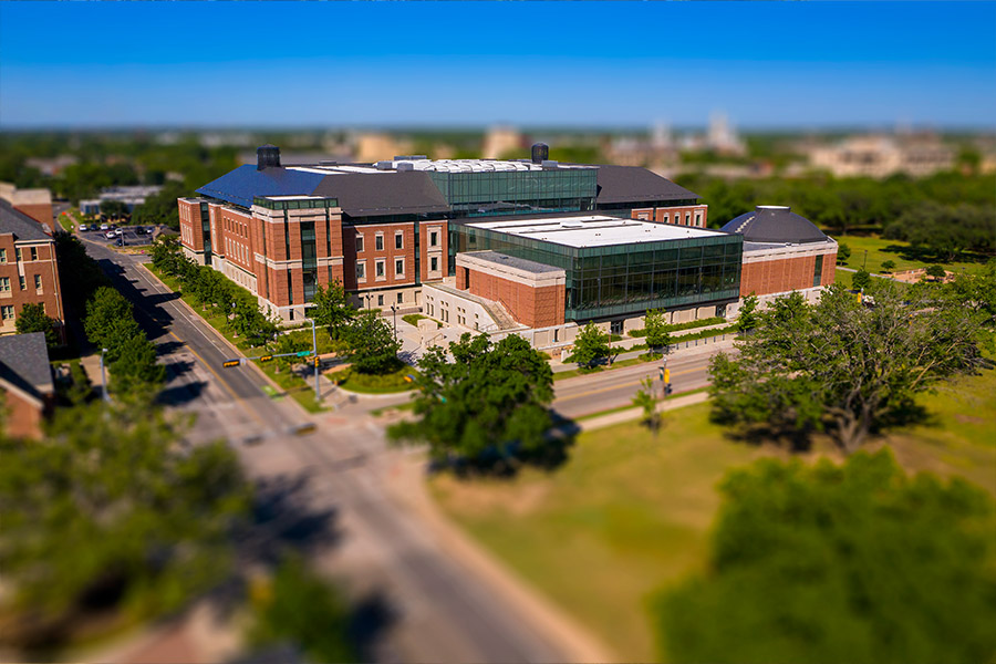 Aerial view of the Foster Campus for Business and Innovation on the Baylor University campus 