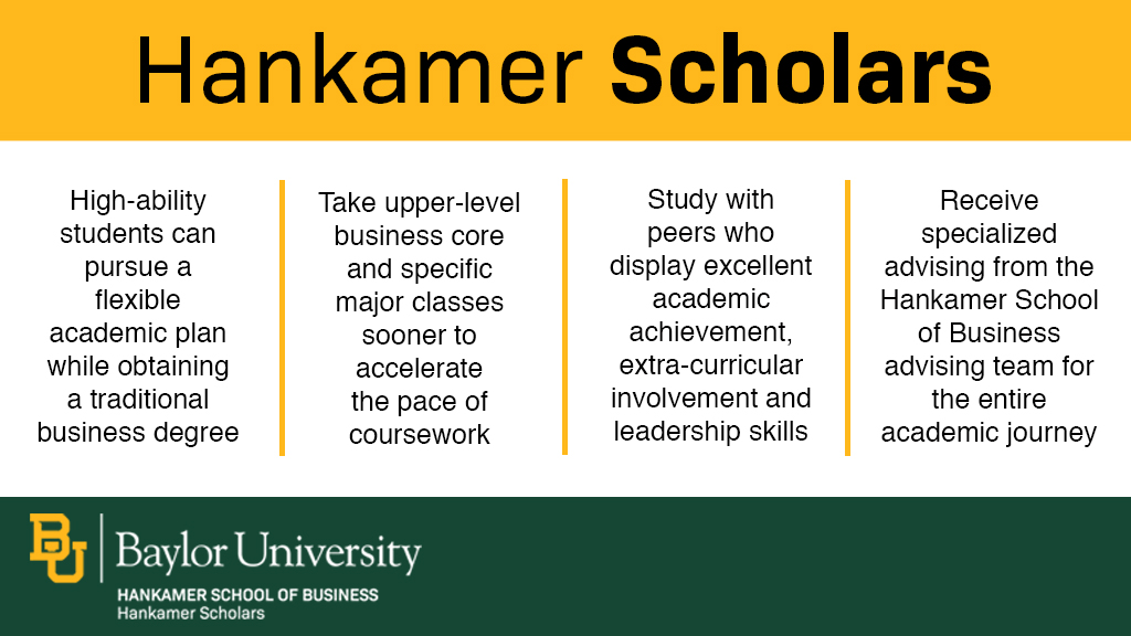 Green, white and gold graphic with text describing the benefits of Hankamer Scholars with the logo
