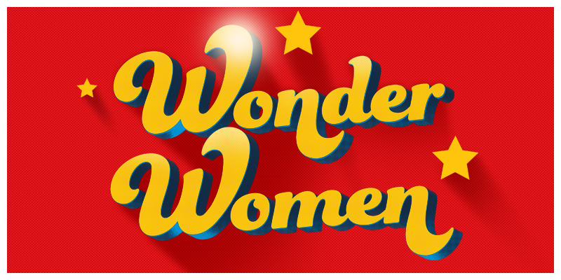 "Wonder Women" in the style of Wonder Woman with stars and red background with yellow text