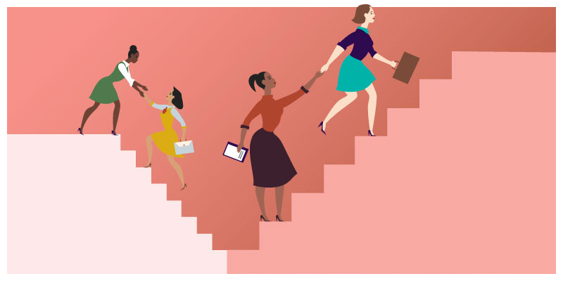 Illustration of women helping each other climb stairs