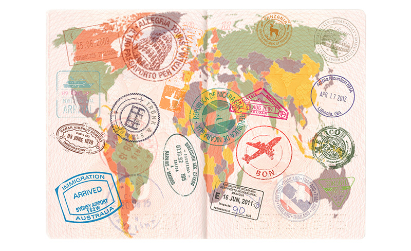 Illustration of passport map page covered in visa stamps