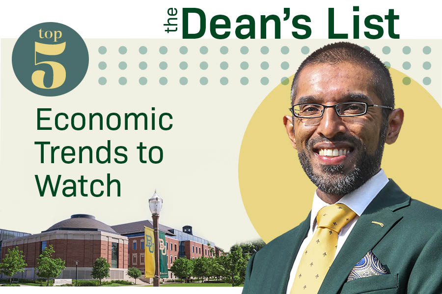 Sandeep Mazumder surrounded by illustration that says, "The Dean's List: Top 5 Economic Trends to Watch"