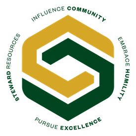 Influence Community, Embrace Humility, Pursue Excellence, Steward Resources - these words circle a green and gold interlocking graphic