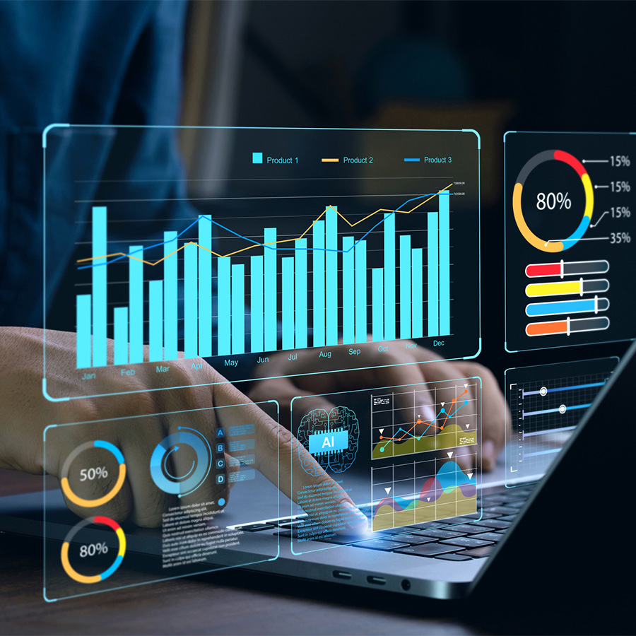 Hands typing on a keyboard with analytics figures in the foreground