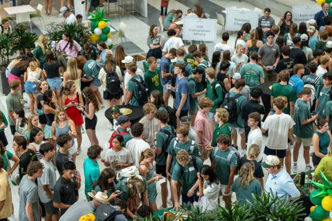Business students in the Paul L. Foster Campus at the Hankamer School of Business at Baylor University
