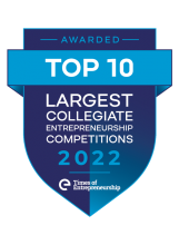 Award badge that reads "Awarded Top 10 Largest Collegiate Entrepreneurship Competitions - 2022; Times of Entrepreneurship"