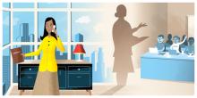 Illustration of a business woman standing in an office talking on her phone and her shadow is casting herself presenting to students in a classroom