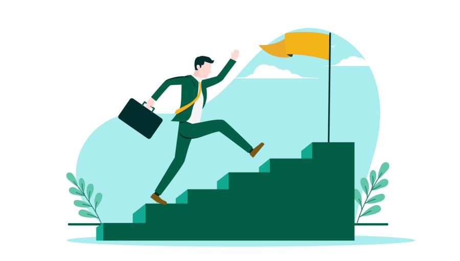 Illustration of man in business suit and briefcase climbing stairs surrounded by laurels and top step includes a flag