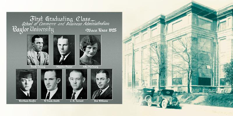 First graduating class of Hankamer School of Business and photo of building from 1920s