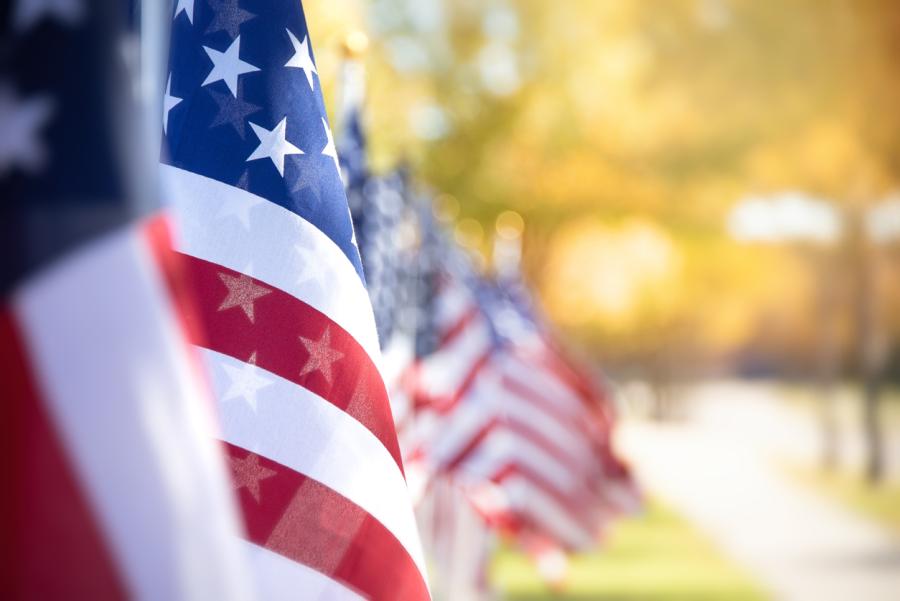 American flags in a row with idyllic suburban sidewalk and autumn trees on a sunny day out of focus in the background