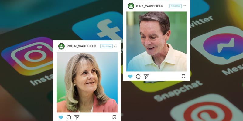 Robin Wakefield and Kirk Wakefield in Instagram posts over a background of a phone with social media apps