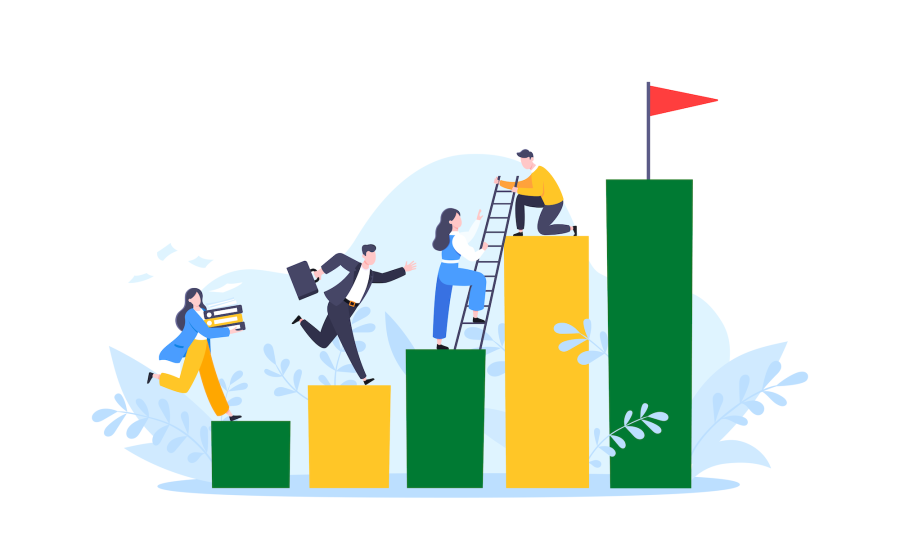 Illustration of professional people climbing an increasing green and gold bar graph with a flag at the top