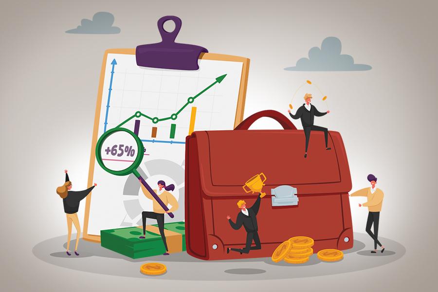 Illustration of business people looking at briefcase, money, chart on clipboard