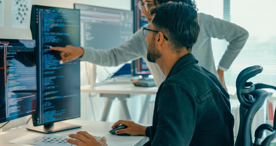 An IT manager pointing to a vertical screen containing code, talking to an IT professional