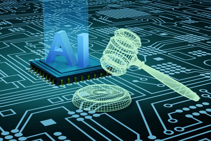 A digital gavel with the letters "A.I." on a computer chip