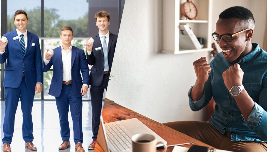 Traditional MBA students in a split screen next to an Online MBA student at a lap